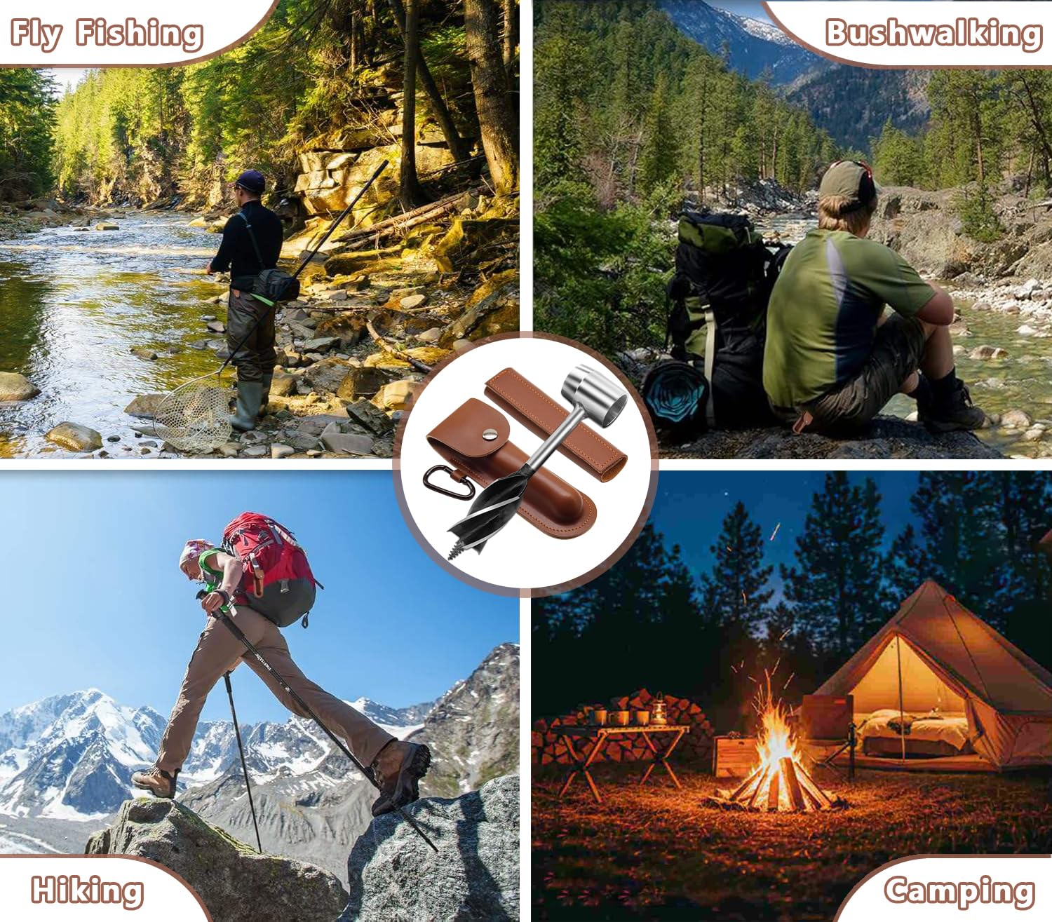 Bushcraft Gear Hand Auger Wood Drill,Made of Quality Hardened Oxidized Steel Materials Manual Hole Maker Multitool with Leather Case Camping Brown - Image 9