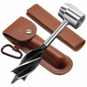 Bushcraft Gear Hand Auger Wood Drill，Made of Quality Hardened Oxidized Steel Materials Manual Hole Maker Multitool with Leather Case Camping Brown